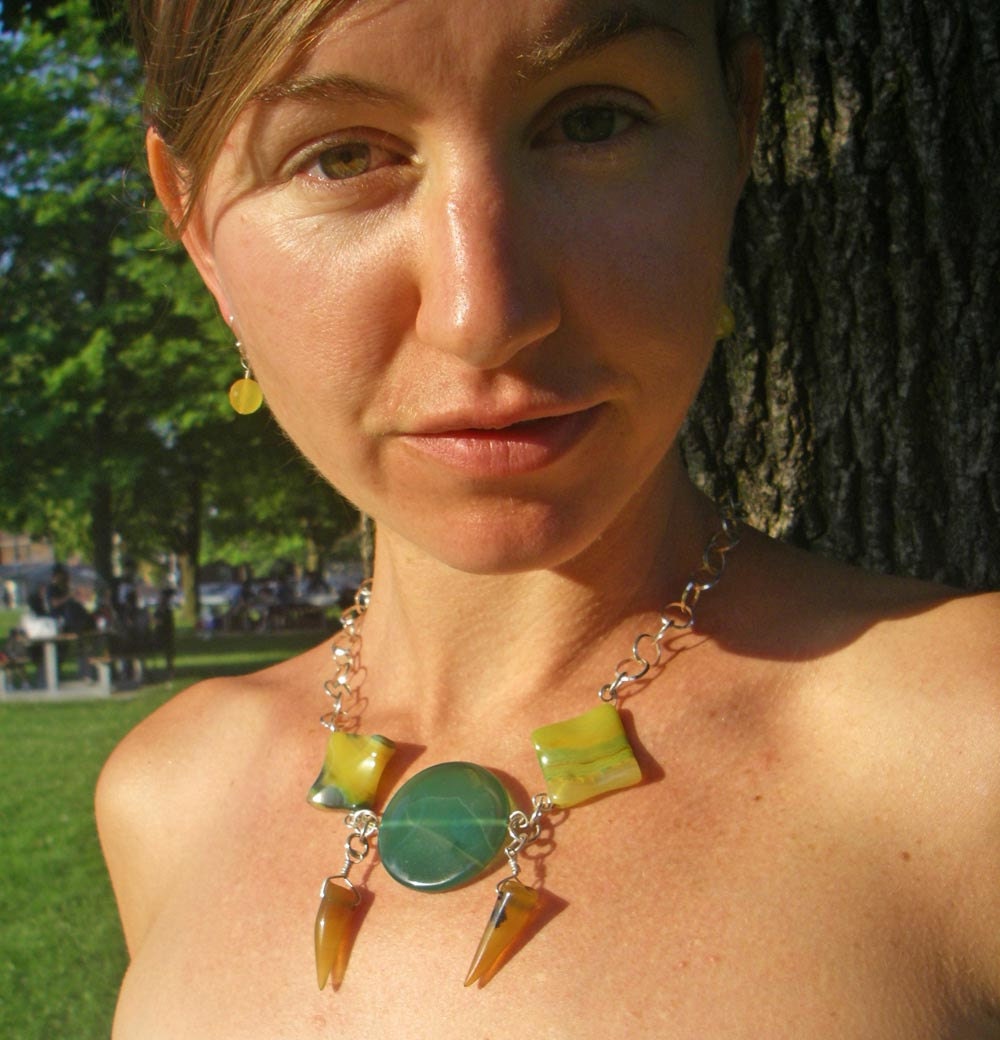 Tribal Green Yellow Agate, Silver Chain Necklace