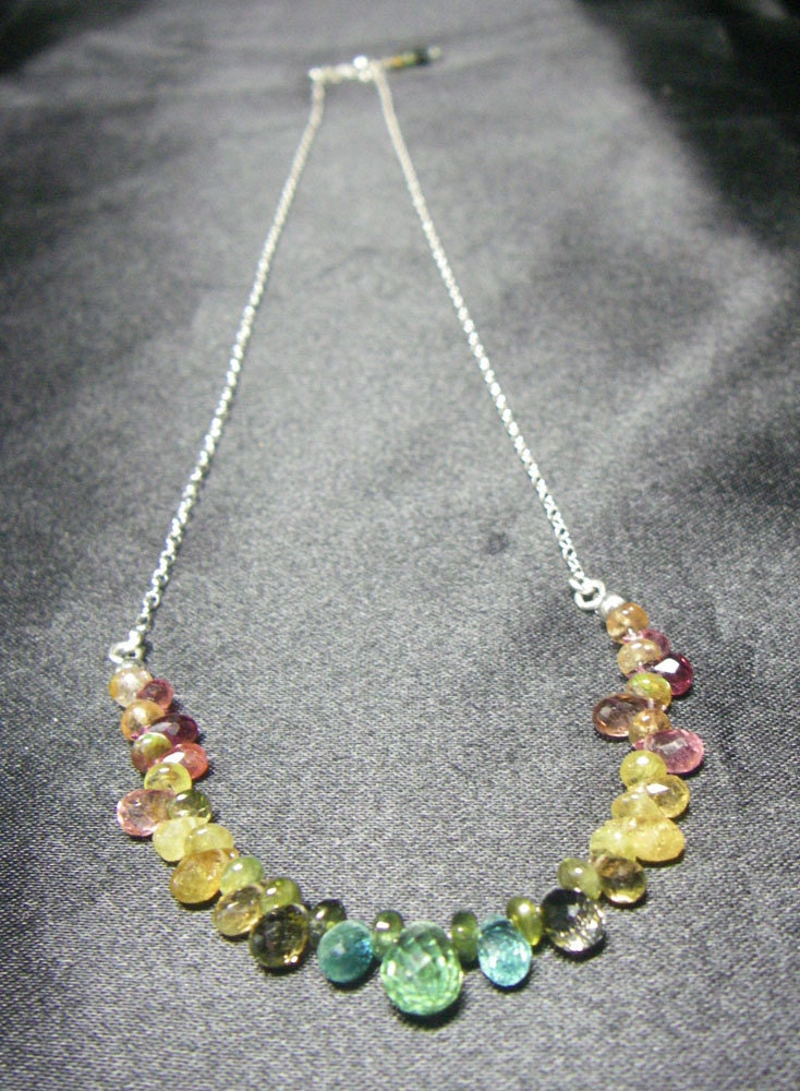 Gorgeous Rainbow Tourmaline Briolette, Silver Chain Necklace
