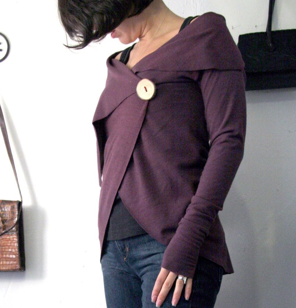 womens wrap cardigan in french terry with hand crafted wooden button closure and asymmetrical neckline - made to order