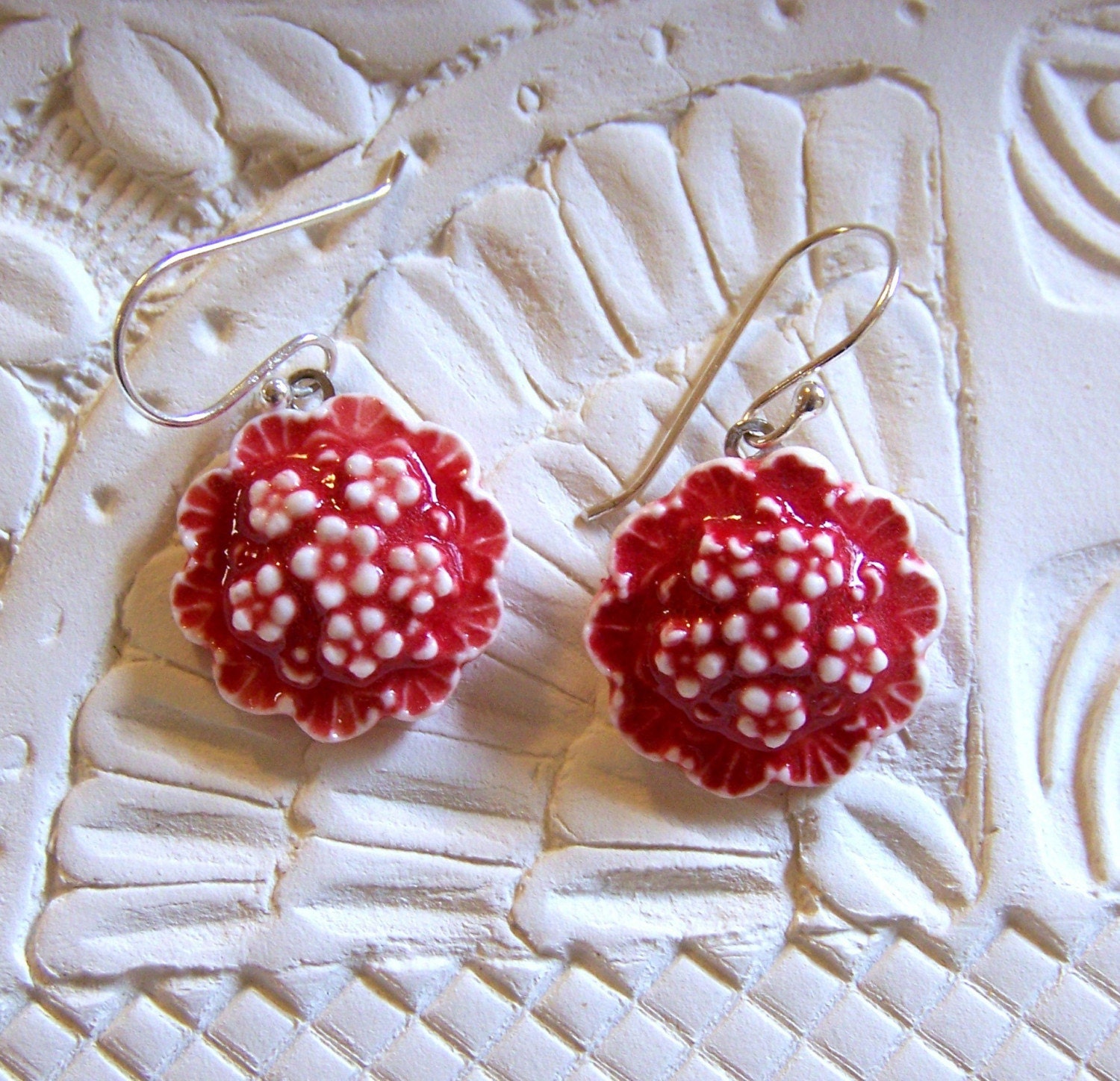 Deep Red Flowers- Porcelain Earrings with Sterling Silver Ear Wires- Handmade earrings