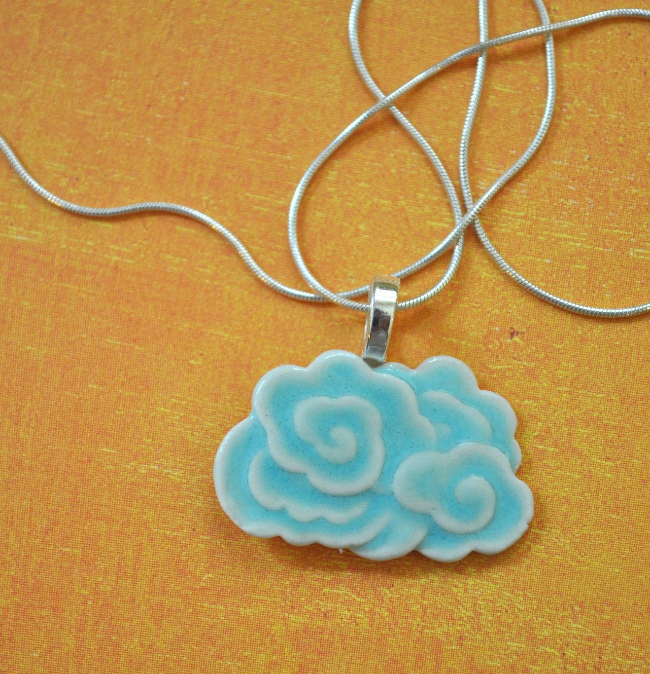 Dragon Cloud Porcelain Pendant Necklace glazed in soft aqua
