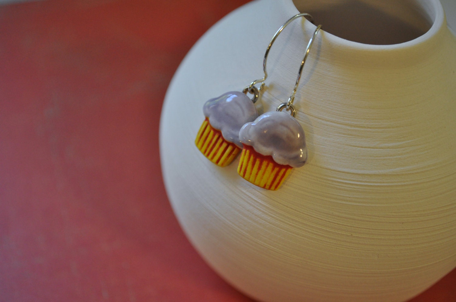 Hello Cupcake - sweet porcelain cupcake earrings in lavender, yellow and red