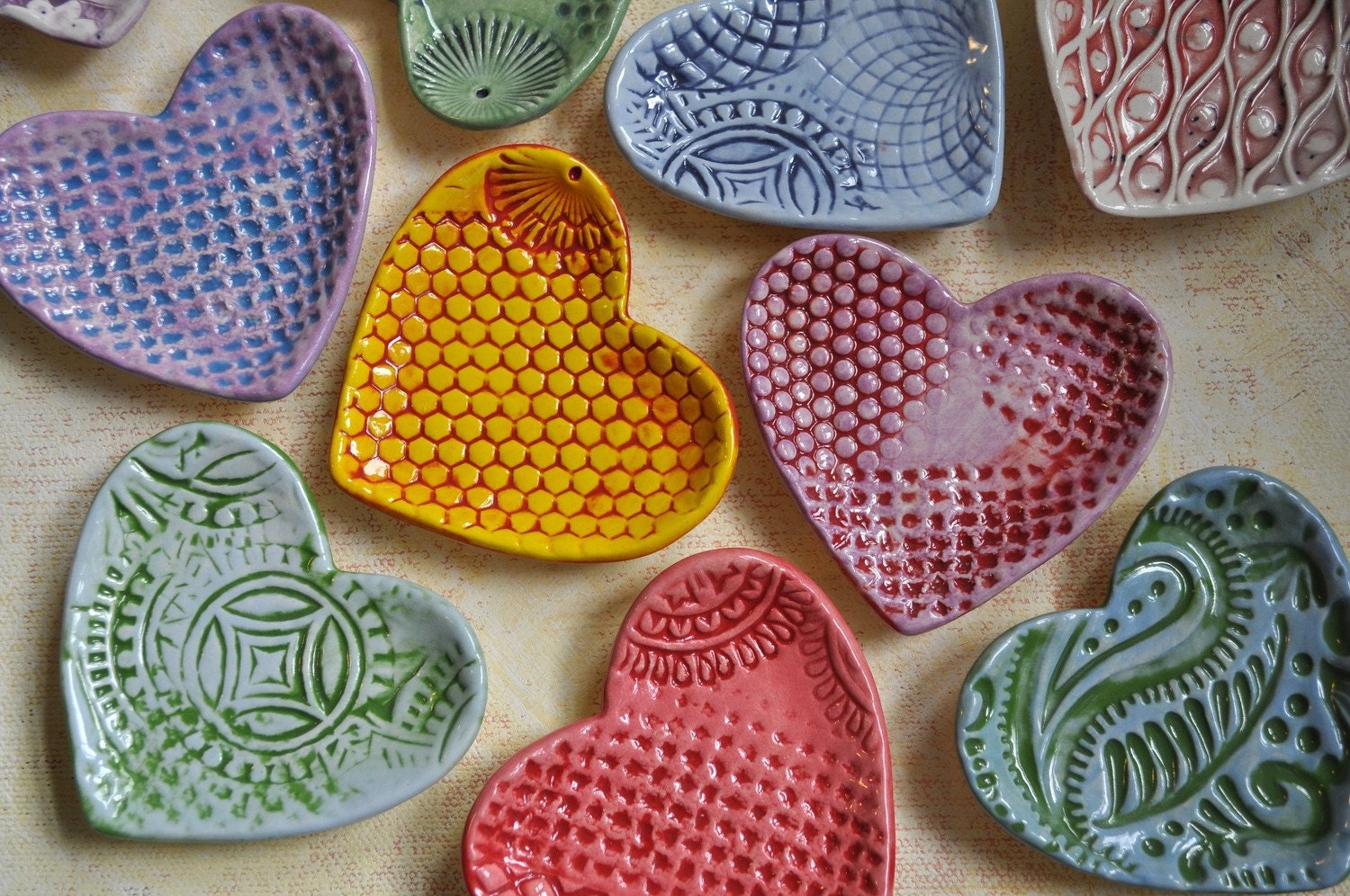 Have a Heart - small dish- yellow and red honeycomb pattern