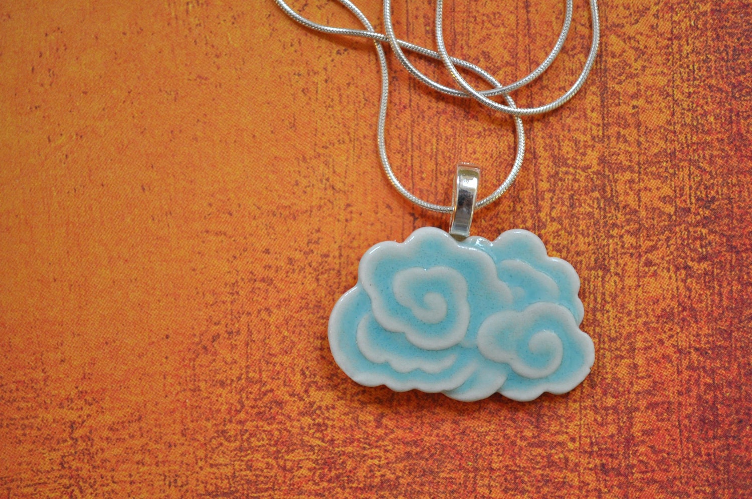 Dragon Cloud Porcelain Pendant Necklace glazed in soft aqua