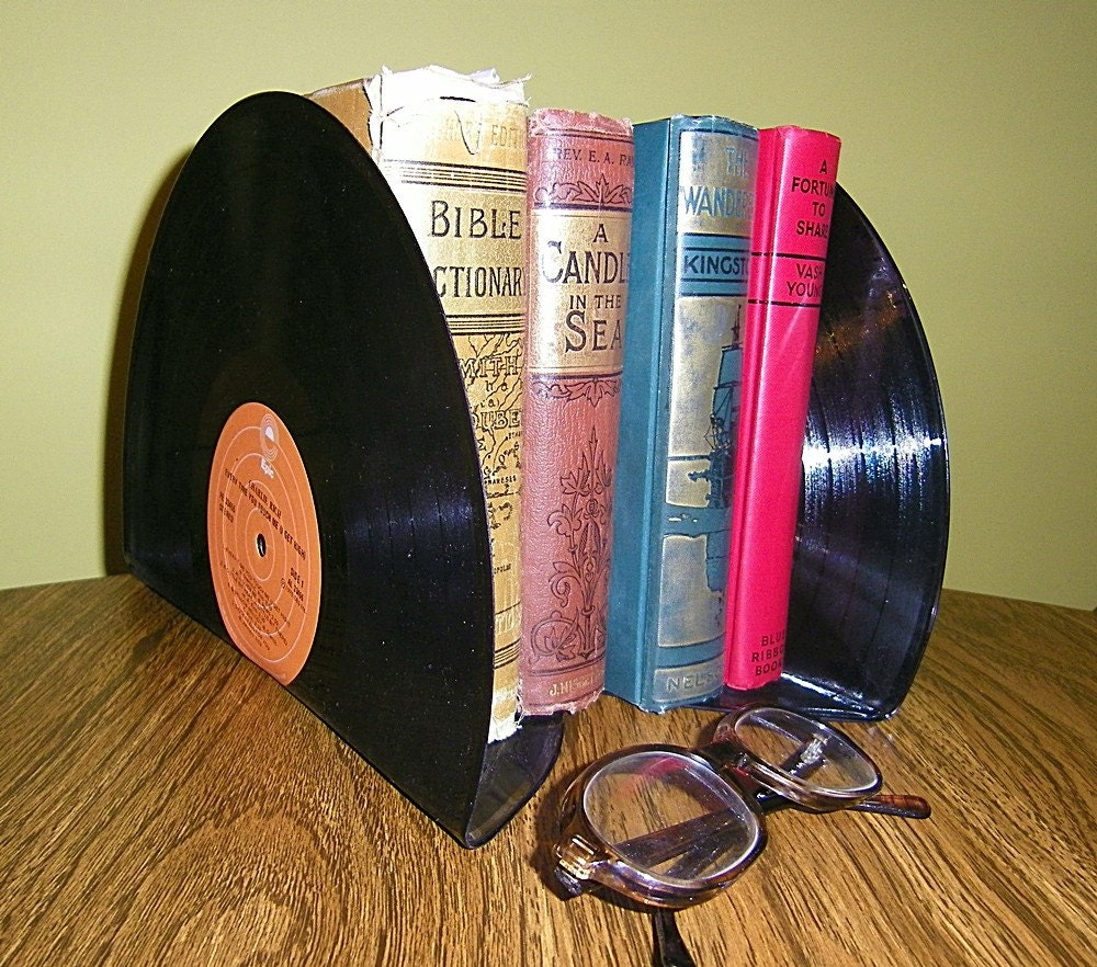 Retro bookends Recycled Records Home office decor Record Album decor Upcycled bookends