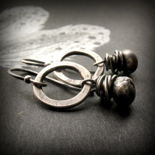 Rustic Circle Earrings, Oxidized Beaded Sterling Silver Jewelry - Fringed Un Petit