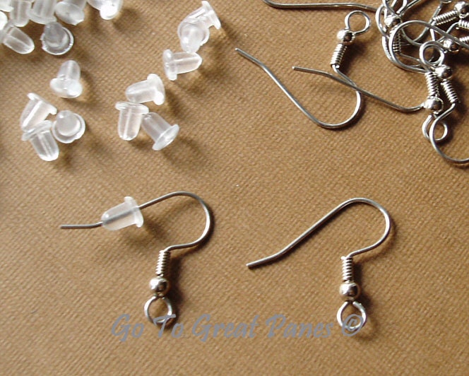 72 French Hook Ear Wires, Surgical Stainless Steel, 3mm Loop--with 72 large clear rubber earring backs, jewelry supply