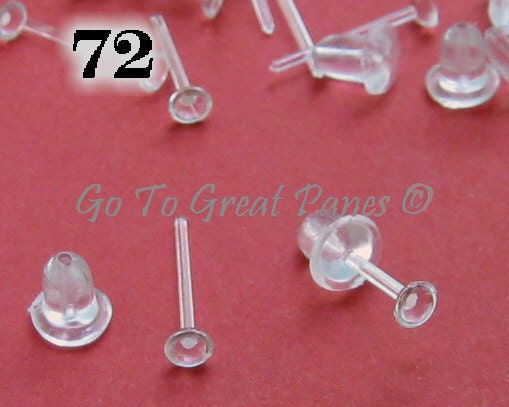 72 Plastic Earring Posts, Clear Plastic Studs with Backs, makes 36 pairs of earrings, hypoallergenic earring stud