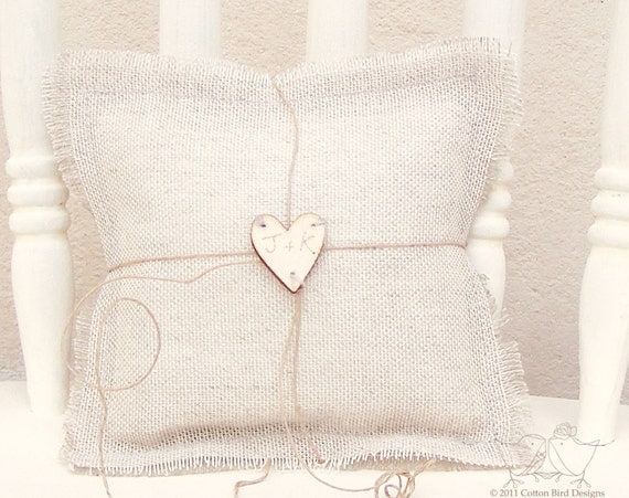 Burlap Wedding Ring Pillow Personalise with your Initials