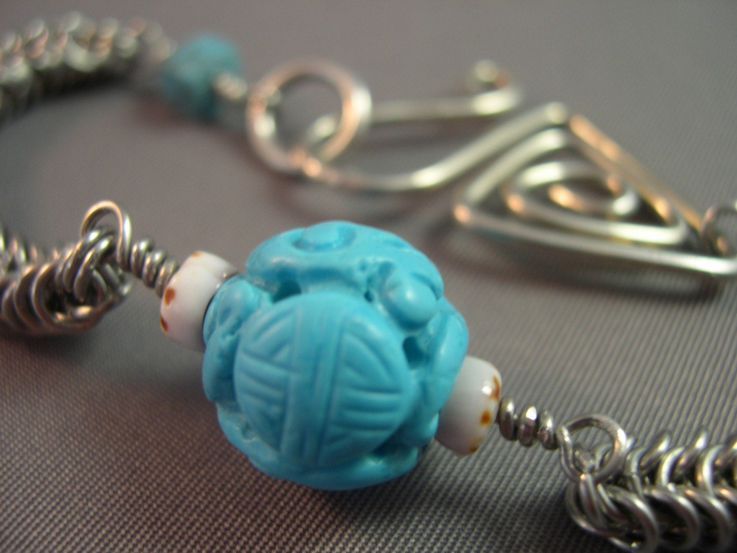 Turquoise Fusion Bracelet - Box Snake Chain, Forged Clasp, Chalk Turquoise, Shells