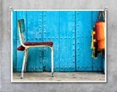 Moroccan Photo Print - Blue Wall with Rusty Metal Chair and Orange Blanket - 10x8 photograph wall art home decor