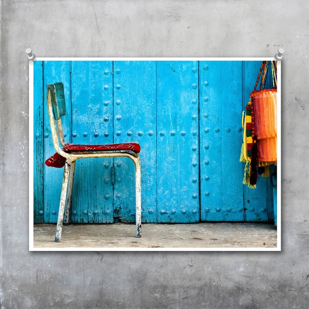 Moroccan Photo Print - Blue Wall with Rusty Metal Chair and Orange Blanket - 10x8 photograph wall art home decor