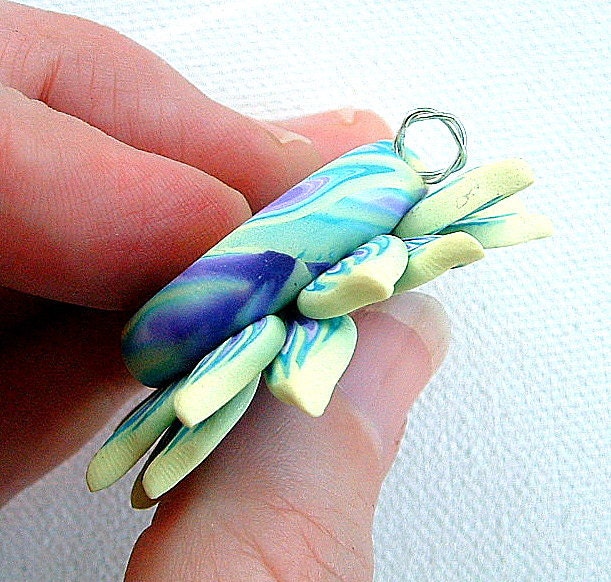 Flower Pendant, hand-sculpted polymer clay, Yellow, Turquoise, Purple