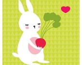 Illustration Print of a White Bunny titled "Bunny and Radish"