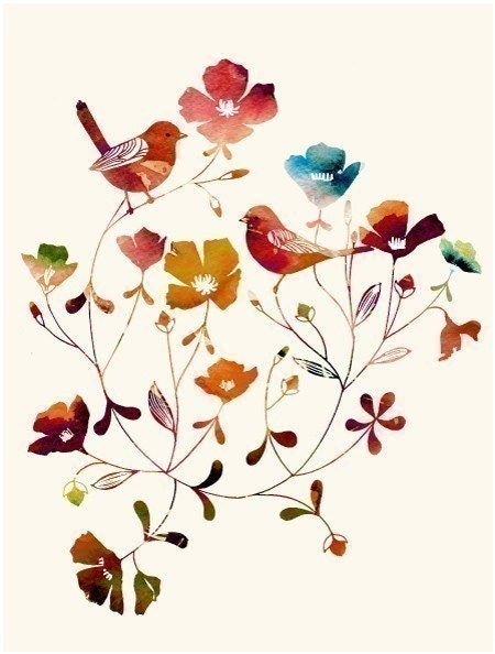 Watercolor Illustration of two love birds titled "Little Sparrows (rainbow edition)"