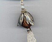 Bell Flower Choker . Beaded Pendant . Copper Beaded Bead . Antique Brass Petals . Silver Tassle - Flower Power by enchantedbeads on Etsy