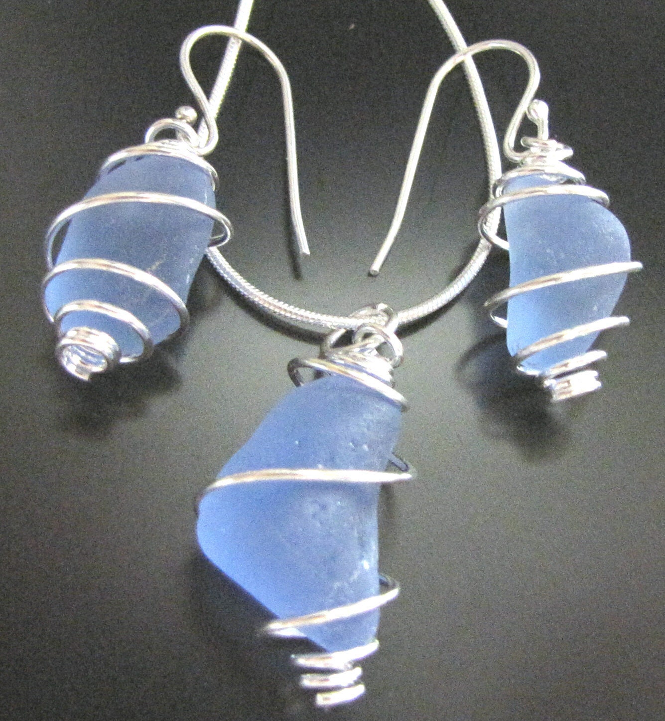 Genuine Beach Combed Cornflower Blue and Spiral Wrapped - Sea Glass Necklace and Earrings Gift Set, Jewelry
