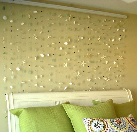400 Piece, Genuine Sea Glass, Sea Shell and Glass Bead Wall Hanging, Beach Home Decor