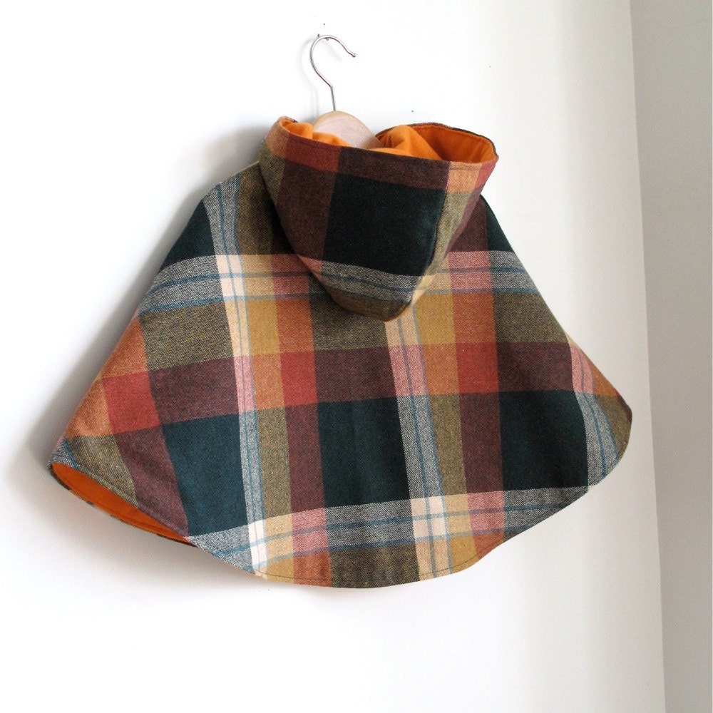 Wool Plaid and orange flannel hooded toddler Cape - size 4t