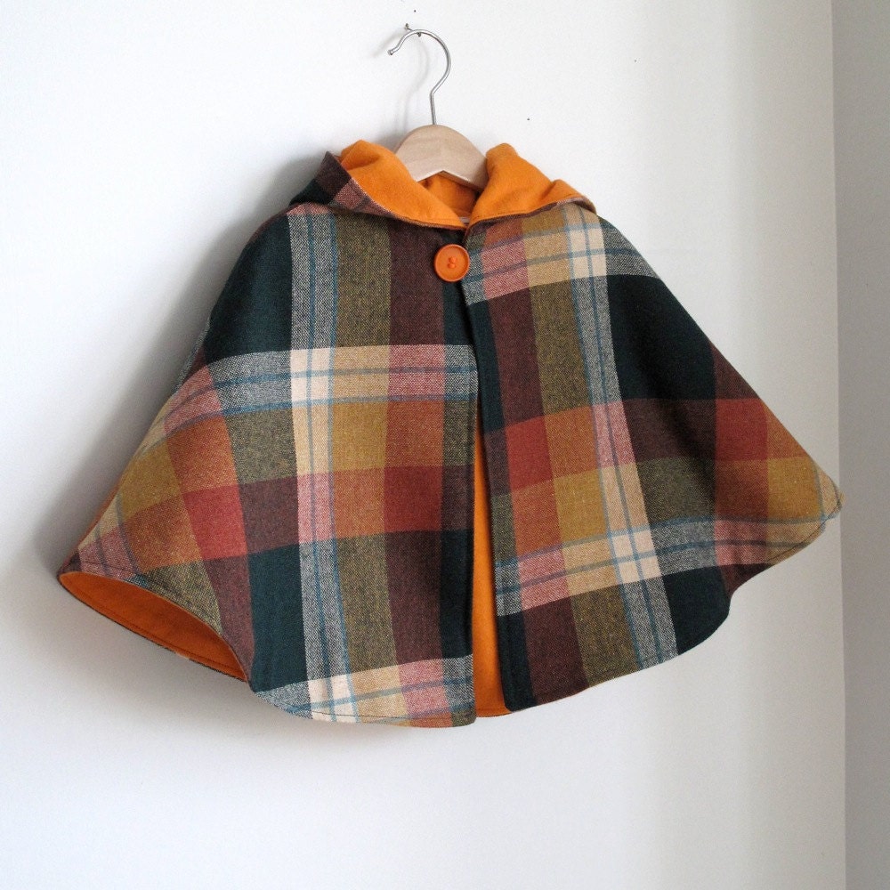 Wool Plaid and orange flannel hooded toddler Cape - size 4t