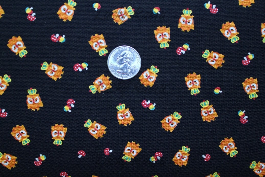 Kawaii Tiny Owls and Crowns on Black Japanese Fabric - Half Yard