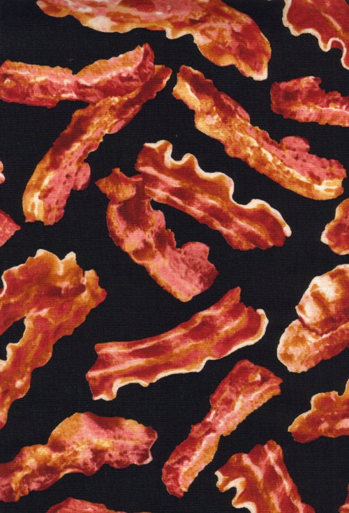 Breakfast Bacon on Black Fabric - Half Yard