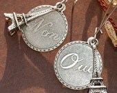 Paris  Earrings Antique Silver Eiffel Tower Oui Non French Words