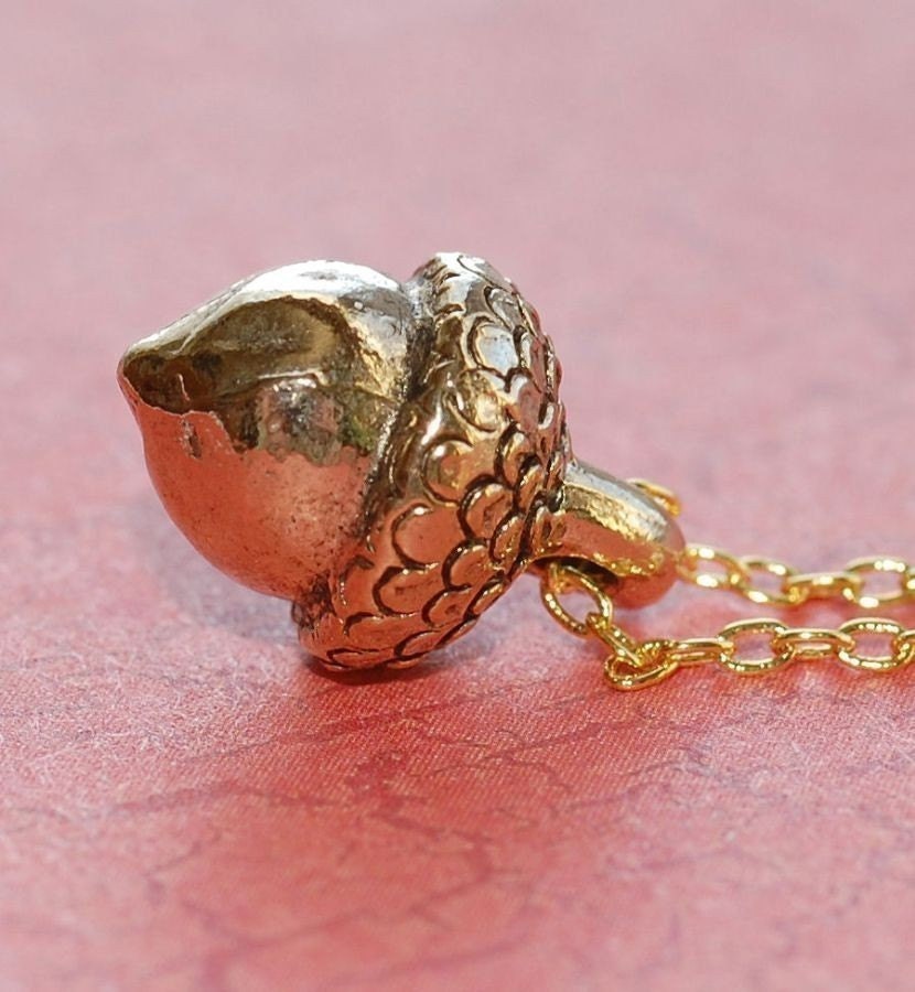 Sale, Simple Elegant Petite Acorn Necklace Antique Gold
