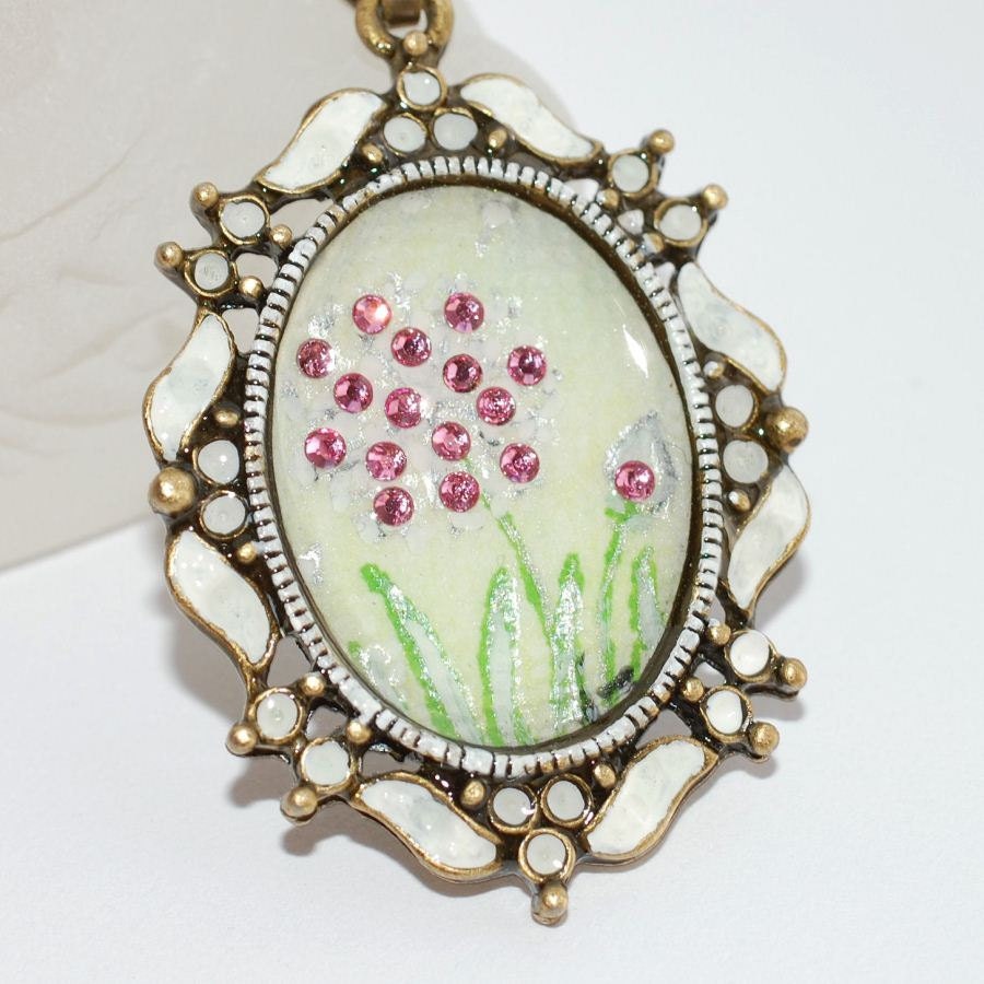 Pink Dandelion Flower Necklace Hand Painted  Spring Art Pendant Mother's Day