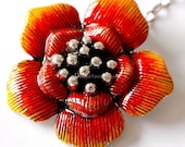 Orange Poppy Necklace Hand Painted  Flower  Pendant, Statement Necklace