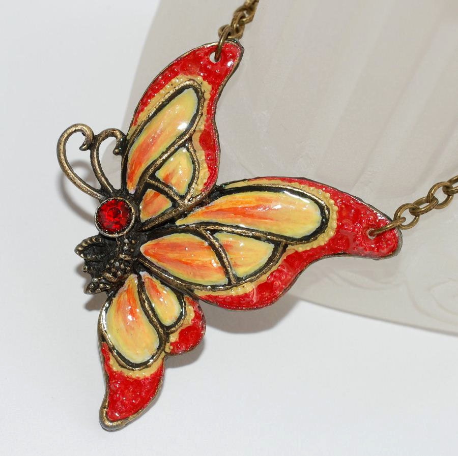 Butterfly Necklace - Hand Painted Orange & Yellow Wearable Art Jewelry