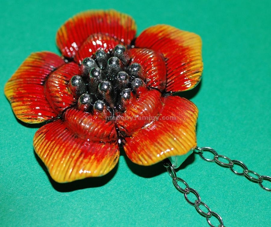 Orange Poppy Necklace Hand Painted Flower Pendant, Statement Necklace