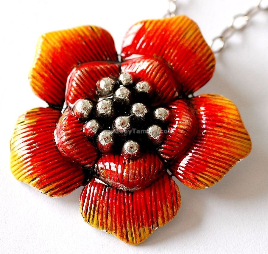 Orange Poppy Necklace Hand Painted  Flower  Pendant, Statement Necklace