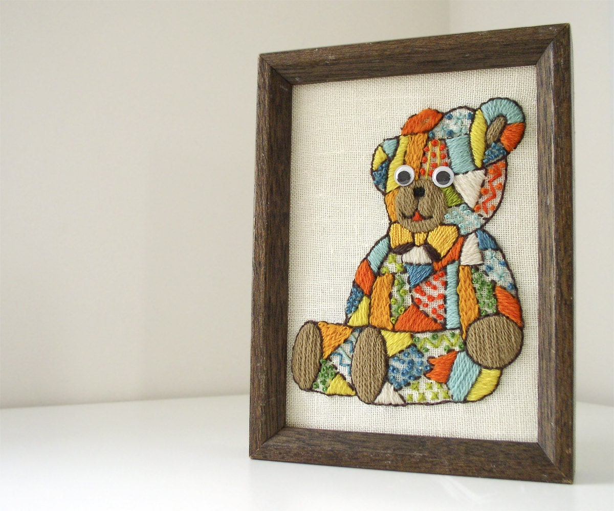 Vintage 70s Embroidered Patchwork Bear in Frame - SadieBess