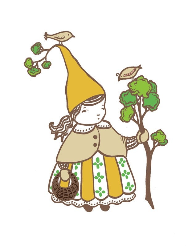 Forest keeper gnome with birds and a tree - Art Print