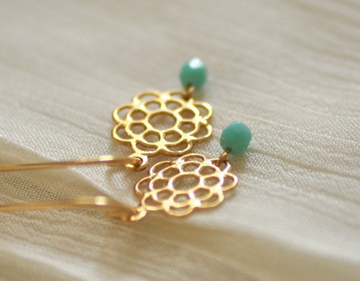 Daisy earrings - gold & turquoise flower dangles - dainty jewelry - women girls gift