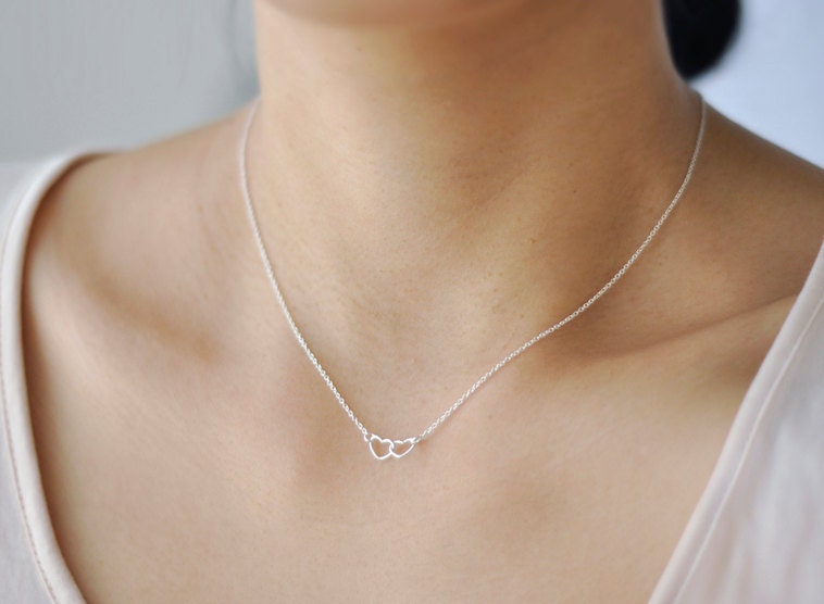 Two hearts - sterling silver hearts linked on sterling chain - dainty modern jewelry - edor gift for her