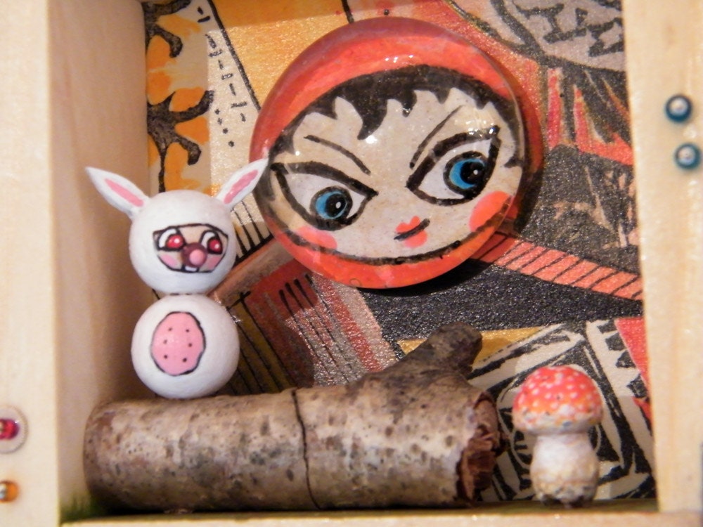 x "go ask alice." x bunny and mushroom x ORIGINAL MIXED MEDIA Shadow Box Diorama