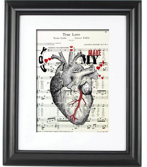 Human Anatomy Heart - ORIGINAL ART - You Make My Heart Sing - Vintage Sheet Music Book Page Print - Medical Science - Wedding Love