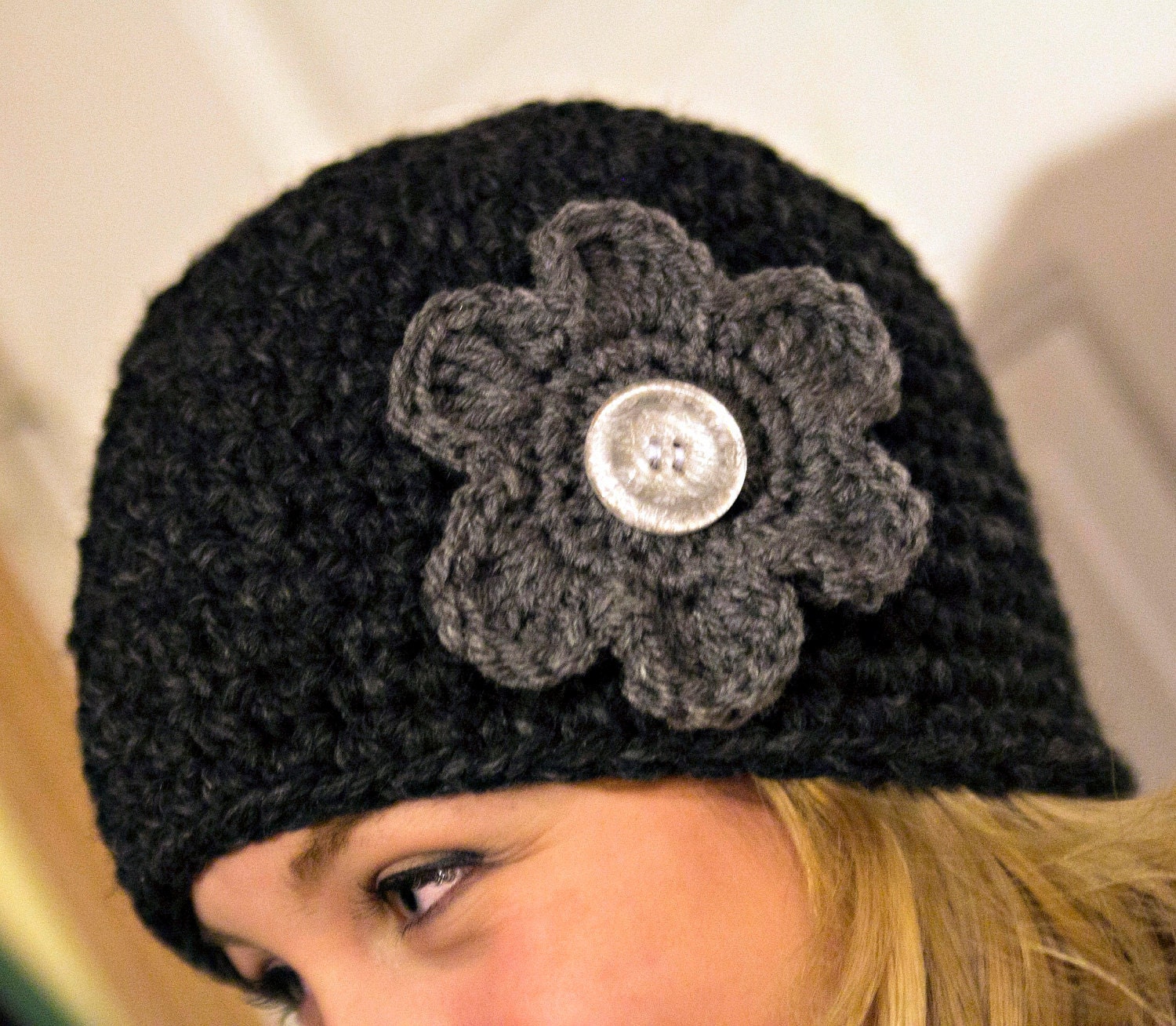 Pattern Directions for Making a Thick and Quick Gray Hat with Flower Crochet PDF Pattern