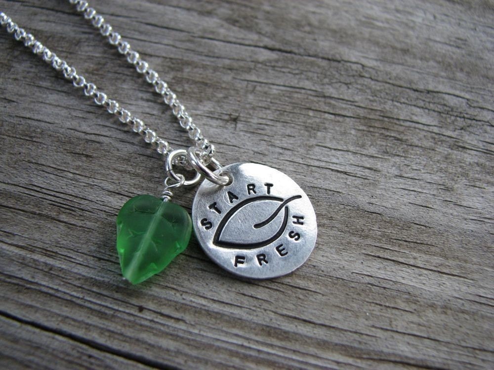 PMC Fine Silver Stamped Disc Pendant Turn Over A New Leaf Fresh Start Necklace on Sterling Chain