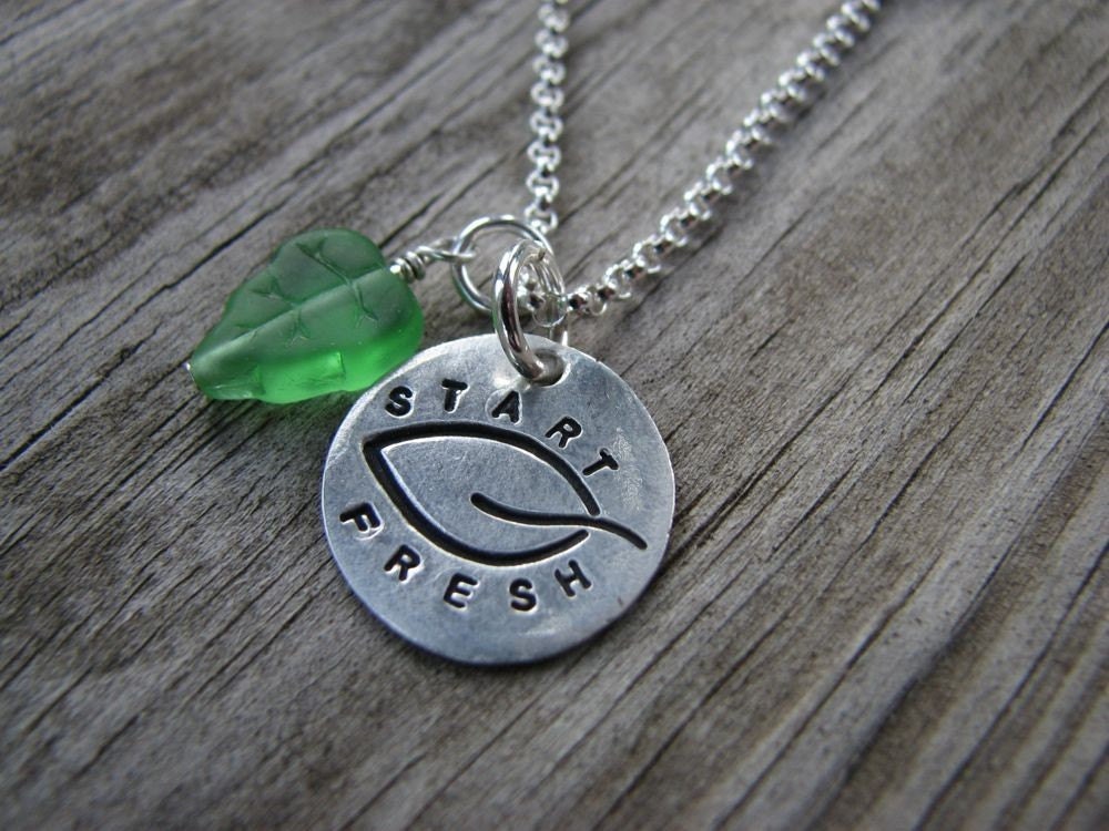 PMC Fine Silver Stamped Disc Pendant Turn Over A New Leaf Fresh Start Necklace on Sterling Chain