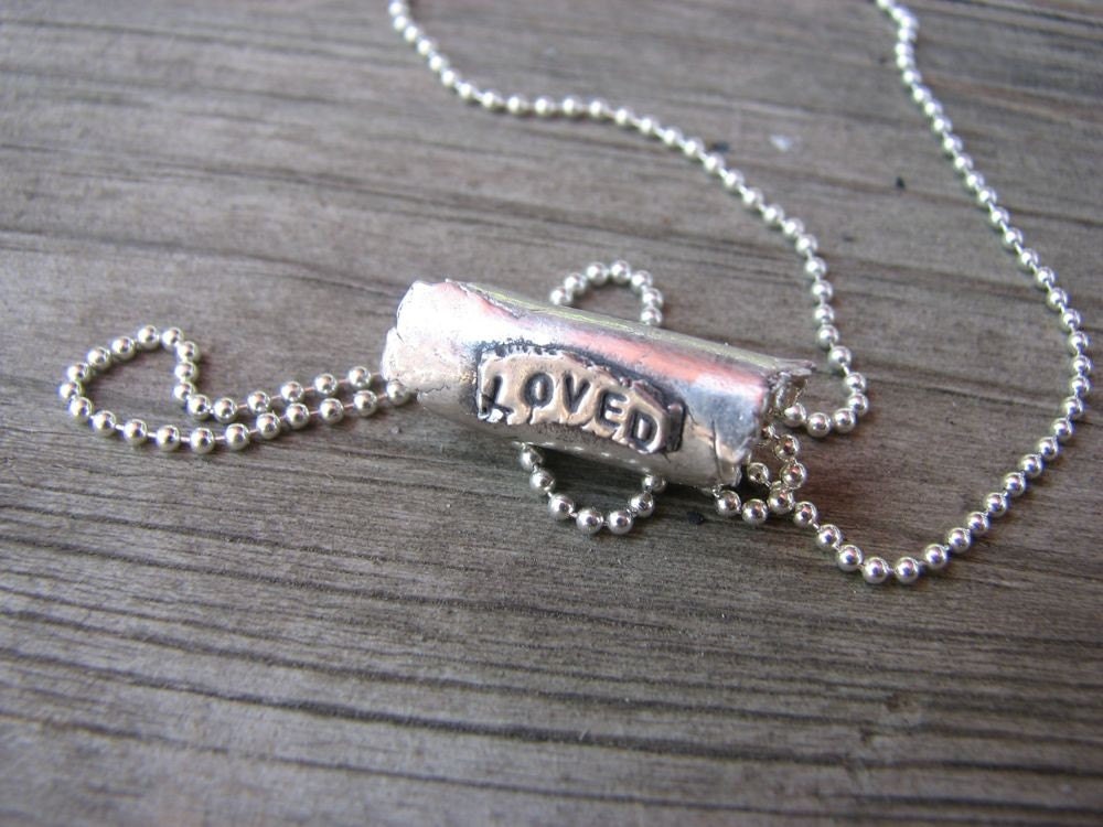 PMC Fine Silver Rough Edge Tube Bead Handstamped with LOVED on Sterling Silver Necklace Chain