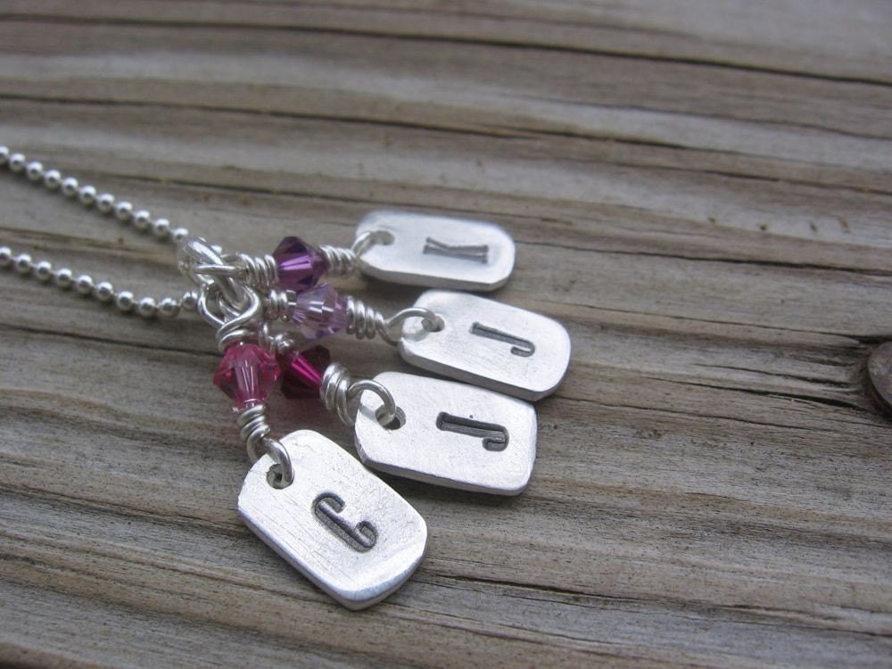 PMC Fine Silver Custom Hand Stamped Personalized Mini Dog Tags Family Necklace with Birthstone Crystals on Sterling Chain