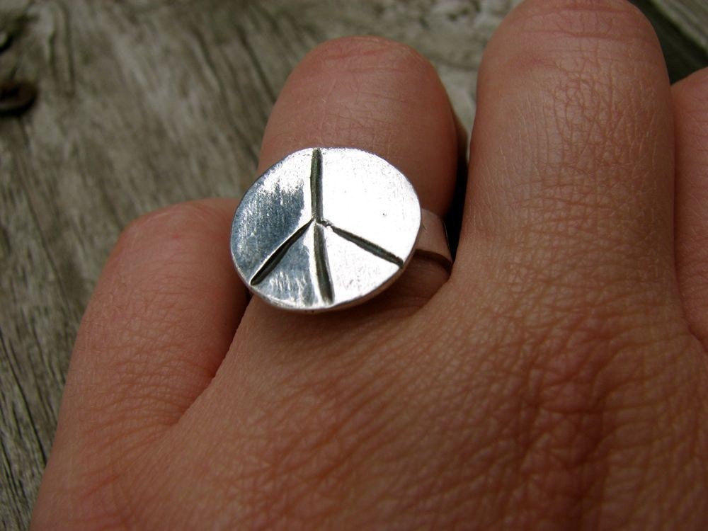 PMC Fine Silver Peace Sign Ring Organic Earthy Artisan Design
