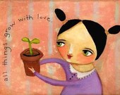 SPROUT growing with love girl with plant PRINT poster of painting inspirational art by tascha