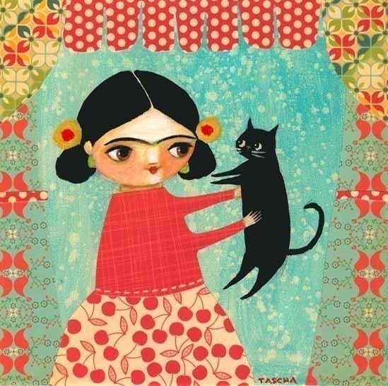FRIDA KHALO with black cat mixed media PRINT from painting by tascha