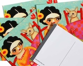 Frida Kahlo tan chihuahua tea time POSTCARD print of painting set of 5 by tascha