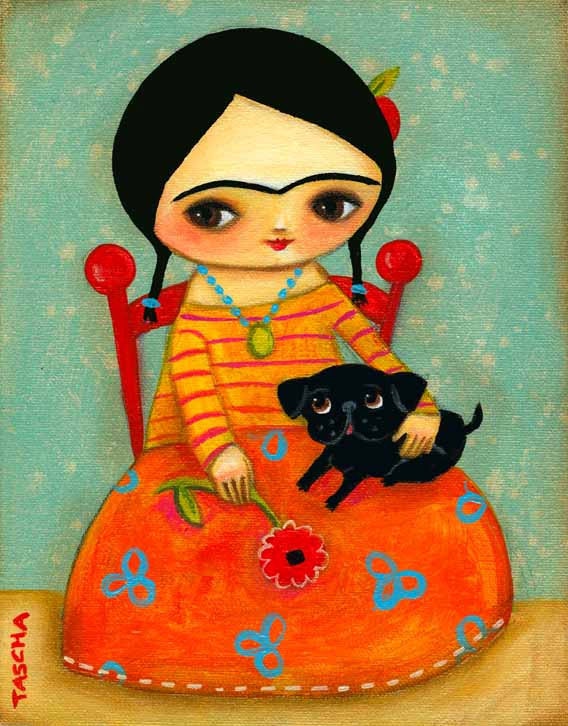 Frida Kahlo with Black Pug DOG sweet PRINT of original painting by tascha