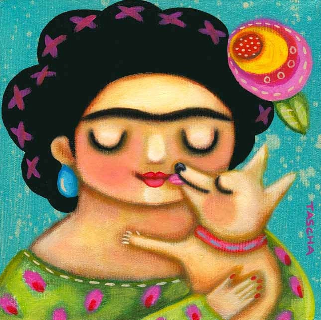 kisses FRIDA Kahlo with CHIHUAHUA dog folk art painting poster PRINT by artist tascha